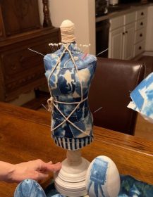 3D cyanotype sculpture: "Stuck" is called stuck because the material is stuck onto the torso with both acupuncture needles and regular needles.