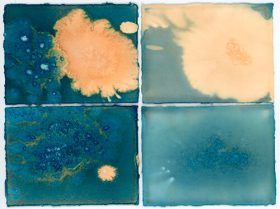 Test pieces - top line with sodium carbonate, bottom line with salt. The pieces on the left were exposed wet, the pieces on the right were dried before exposure. NB there is some cross-contamination in the wet pieces!